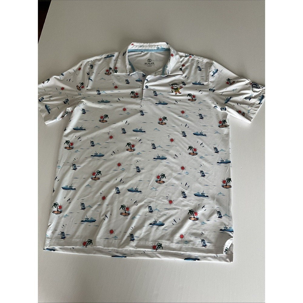 Scales Polo Shirt Men's Large White Short Sleeve Beach Beer Stretch Golf